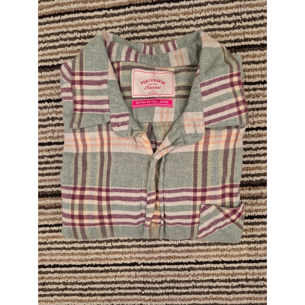 Portuguese Flannel Mens XXL Plaid Button Down Shirt Green Burgundy Portugal